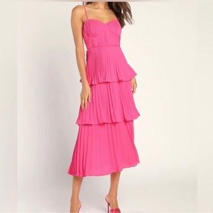 Lulus Cascading Crush Pink Tiered Bustier Midi Dress